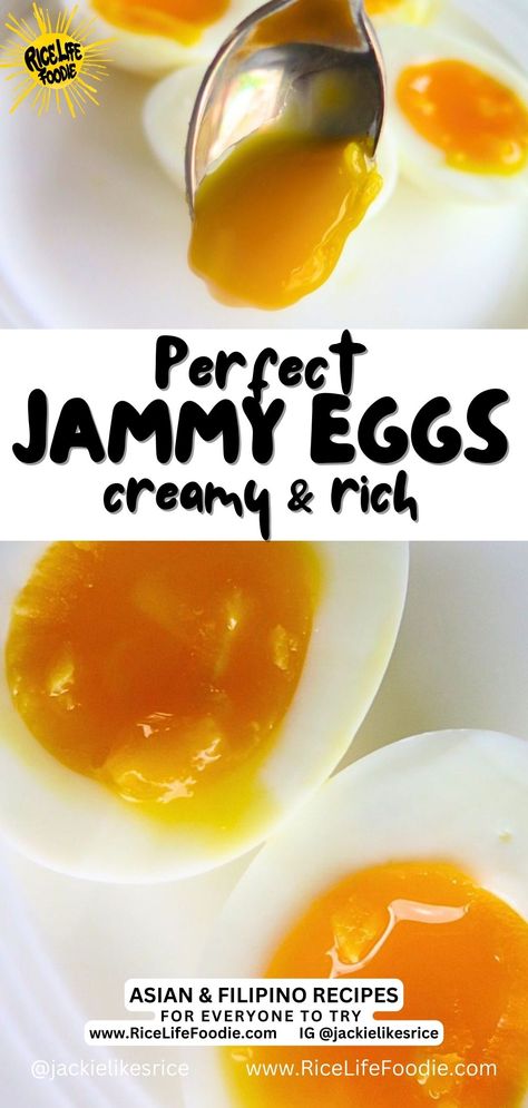 how-to-make-jammy-eggs 7 Minute Egg, Jammy Eggs Recipe, Marinated Jammy Eggs, 6 Minute Egg, 3 Minute Egg, Egg Cooker Recipes, Ways To Use Eggs, Seasoned Eggs, Ramen Egg Recipe