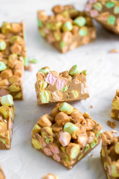 Butterscotch Marshmallow, Peanut Butter Marshmallow Bars, Confetti Squares, Marshmallow Dessert Recipes, Potluck Favorites, Peanut Butter Marshmallow Squares, Marshmallow Squares, Butter Squares, Gluten Free Fudge