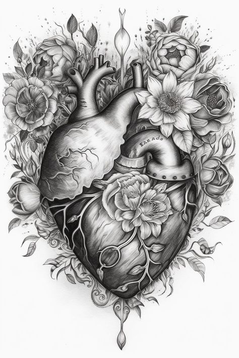 Sacred heart tattoo, tattoo sketch#6 Chest Neck Tattoo, Human Heart Tattoo, Meaningful Drawing Ideas, Floral Anatomy, Meaningful Drawing, Human Hearts, Heart Tattoo Design, Anatomical Heart Art, Anatomy Tattoo