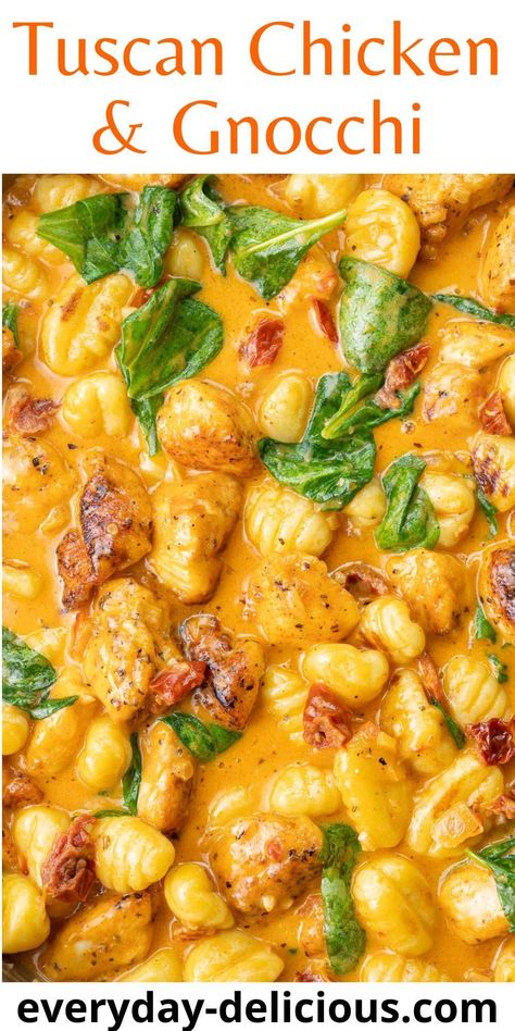 This creamy Tuscan chicken with gnocchi makes a delicious family-friendly dish. Tender and juicy diced chicken in a creamy sun-dried tomato sauce with spinach, served with gnocchi. You’ll love this quick and easy 30-minute meal! Chicken With Gnocchi, Chicken Zucchini Pasta, Chicken And Gnocchi, Gnocchi Recipes Easy, Squash Sauce, Gnocchi Dishes, Korean Style Winter, Butternut Squash Sauce, Creamy Tuscan Chicken