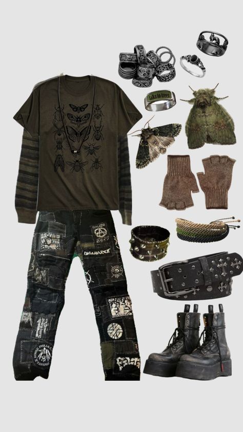 Raccooncore Outfit, Raccoon Outfit Aesthetic, Criptyd Core Outfit, Cryptic Core Outfits, Trashcore Outfit, Forest Punk Outfits, Militarycore Outfits, Cryptidcore Outfit Male, Mothcore Outfits