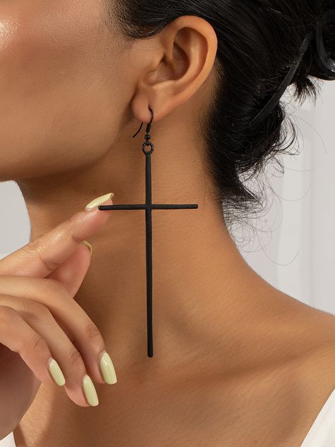 Cross Drop Earrings Unique Hoop Earrings, Chunky Earrings, 18k Gold Earrings, Punk Jewelry, Black Cross, Watches Women Fashion, Cross Design, Cross Earrings, Big Earrings