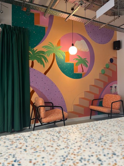 My new mural for Runway East - Brighton #barbiecore #muralart #mural #artist #ukartist #officedesignideas #officeinterior #office #officeinteriordesign #officeinspiration Funky Wall Mural, Funky Mural, Uk Artist, Office Art, Office Inspiration, Mural Art, Office Interior Design, Wall Colors, Office Design