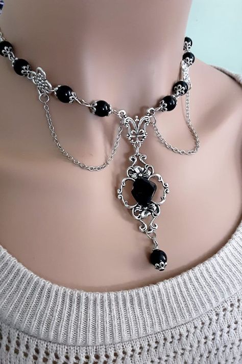 Obsidian Necklace, Silver Link Chain, Cottagecore Fashion, Victorian Vintage, Witchy Jewelry, Protection Stones, Victorian Era, Link Chain, My Love