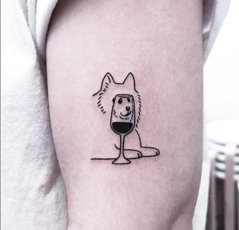 Animal Looking Through Wine Glass Tattoo, Dog Wine Tattoo, Dumbest Tattoos, Wine Glass Tattoo, Wine Tattoo, Beer Tattoos, Tattoos For Men And Women, Cow Tattoo, Small Tats