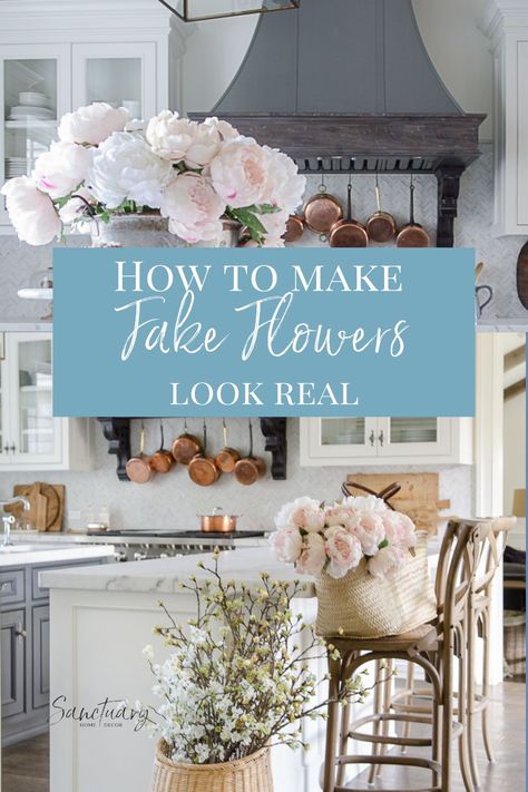 I never thought I would say this, but I use fake flowers ALL THE TIME in my home decor. Over the past two years I have developed a beautiful collection of realistic fake flowers that I use over and over each season to fill my home with gorgeous color and today I’m sharing my favorite sources for faux flowers with you! Follow us for more tips just like this. Wedding Shower Floral Arrangements, Fake Flowers In Clear Vase, Best Silk Flowers, Faux Florals Home Decor, Faux Arrangements Floral Design, Tall Fake Flower Arrangements, Best Fake Flowers Decor Home, Arranging Fake Flowers, Decorating With Faux Flowers