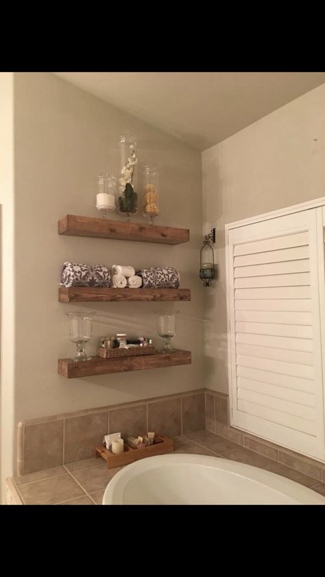 Soaker Tub Decor Ideas Master Bath, Shelves Above Tub, Above Tub Wall Decor, Bathtub Decor Tub Surround, Bathroom Decor Tub, Master Bathtub Decor, Soaking Tub Decor, Mediterranean Bathroom Decor, Garden Tub Decor