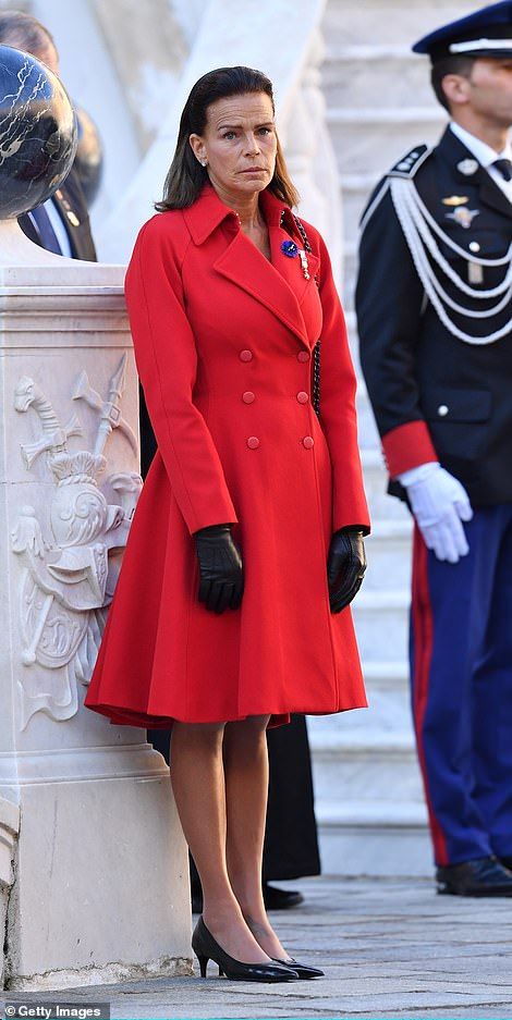 Princess Stephanie of Monaco looked festive in a bright red dress coat Royal Fascinators, Princess Stephanie Of Monaco, Stephanie Of Monaco, Beatrice Casiraghi, Dress Coat Outfit, Bright Red Dress, Monaco Princess, Andrea Casiraghi, Beatrice Borromeo