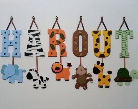 4 LETTER NAME -Individually Hanging Block Letters with adorable hanging shapes/animals jungle zoo safari Any Theme Safari Baby Room, Shape Animals, Monkey Nursery, Jungle Theme Nursery, Safari Kids, Animals Jungle, Jungle Theme Parties, Wooden Wall Letters, Name Blocks