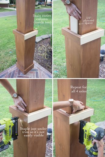 How to wrap existing porch columns in stained wood and build a craftsman style base unit to add character and curb appeal to your front porch. Craftsman Columns, Craftsman Style Porch, Front Porch Posts, Porch Pillars, Front Porch Columns, Front Porch Makeover, Porch Remodel, Blue Interiors, Building A Porch