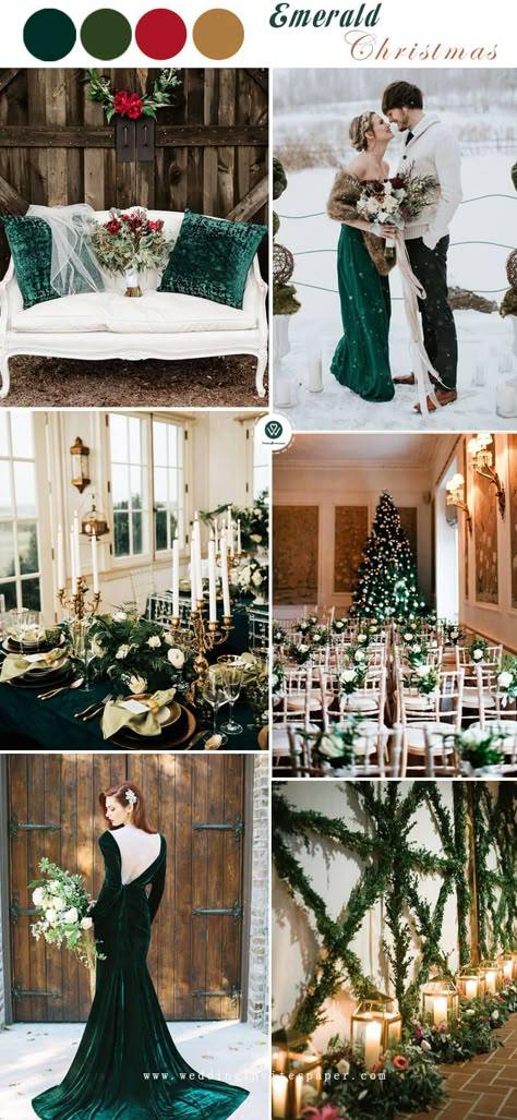 Emerald Green winter wedding colors, Christmas weddings, Christmas theme, gold hues, vintage wedding #christmas #christmaswedding #emerald #weddingcolors Green Christmas Wedding, Emerald Green Christmas, Wedding Decor Flowers, Gold Winter Wedding, Christmas Wedding Themes, Christmas Wedding Inspiration, Emerald Green Weddings, Winter Wedding Colors, Wedding Themes Winter