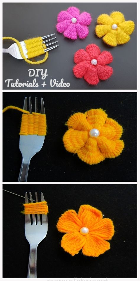 Fun Hand Embroidery Yarn Flower DIY Tutorial with Fork - Video Påskeaktiviteter For Barn, Fork Crafts, Yarn Flower, Embroidery Yarn, Yarn Flowers, Diy Yarn Crafts, Seni Dan Kraf, Crocheted Flowers, Pom Pom Crafts