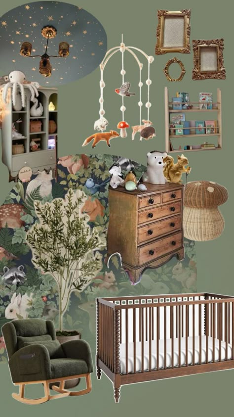 Cottagecore Baby Room, Baby Room Aesthetic, Thrifted Nursery, Hogwarts Nursery, Literary Nursery, Little Room Ideas, Nursery Moodboard, Forest Nursery Theme, Cottagecore Nursery