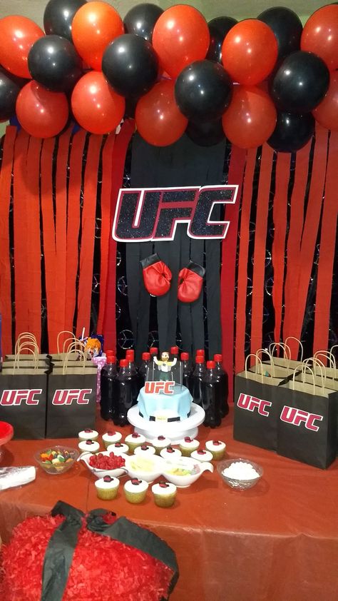 Mma Party Ideas, Mma Themed Birthday Party, Ufc Party Ideas Decorations, Mma Birthday Party Ideas, Ufc Themed Birthday Party, Ufc Themed Party, Ufc Birthday Party Ideas, Ufc Cake Ideas, Ufc Party Ideas