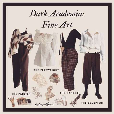 Lynne // dark academia on Instagram: “For the fine arts majors 🤎 comment below which is your favourite outfit and if you’re an artist or aspiring to be one! ✨ . . Entering my…” Dark Academia Fashion Aesthetic, Dark Academia Aesthetic Outfit, Fine Arts Major, Dark Academia Fashion Pants, Academia Aesthetic Outfit, Dark Academic, Dark Light Academia, Dark Academia Outfit, Dark Academia Outfits