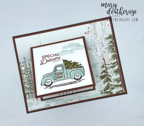 Stampin Up Trucking Along Cards, Stampin Up Trucking Along, Trucking Along Stampin Up Cards, Countryside Corners, Truck Stamps, Truck Cards, Vintage Truck Christmas, One Horse Open Sleigh, Stampin Up Weihnachten