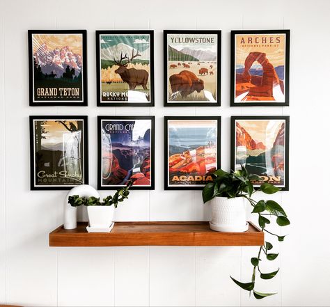 Nature Gallery Wall Ideas, National Parks Wall Decor, National Park Posters Decor, National Park Room Decor, National Park Wall Decor, National Parks Room, National Park Decor Home, National Parks Bedroom Theme, National Park Bedroom Decor