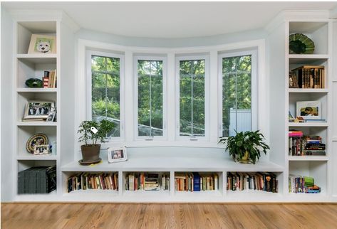 Shelves under the window for books and crystals, cat perch. Bay Window Seat Bedroom, Living Room With Bay Window Layout, Window Seat With Bookshelves, Window Bookshelf, Bedroom Window Seat, Living Room Bay Window, Bay Window Living Room, Bay Window Seat, Bedroom Traditional