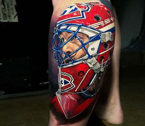 Patrick Roy tattoo by Steve Butcher Guy Thigh Tattoo, Softball Tattoos, Ice Tattoo, Hockey Tattoo, Skate Tattoo, Sport Tattoos, Football Tattoo, Stick Tattoo, Mask Guy