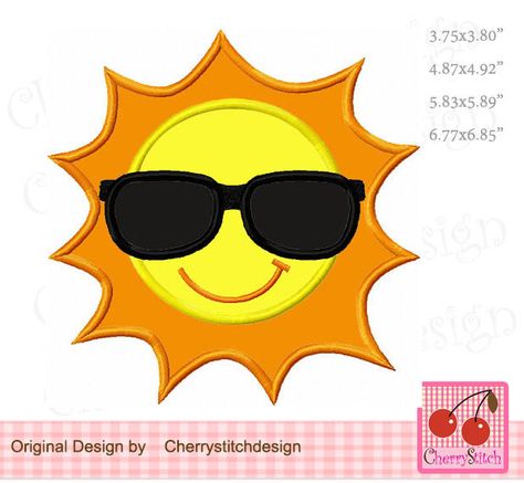 Sun with sunglasses embroidery applique, Sunshine for boys, Summer sun Machine Embroidery Applique Design-for 4x4 5x7 6x10 hoop SUM19 by CherryStitchDesign on Etsy Sunglasses Embroidery, Glasses Drawing, Summer Embroidery, Cute Sun, Boys Summer, Star Embroidery, Sun With Sunglasses, Machine Embroidery Applique, Clip Art Borders