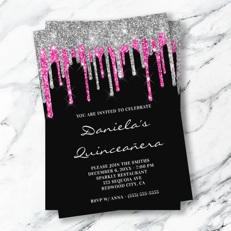 $2.80 | Silver Hot Pink Glitter Drips Black Quincea�era #elegant, sparkle, birthday, black, sparkly, quincinera, girly glam, silver glitter drips, hot pink, fuchsia Sweet Sixteen Party Themes, Sweet 16 Party Decorations, Sparkle Birthday, 40th Birthday Party Decorations, Hot Pink Glitter, Silver Invitation, Gold Foil Invitation, Pink Birthday Cakes, Sweet Sixteen Parties