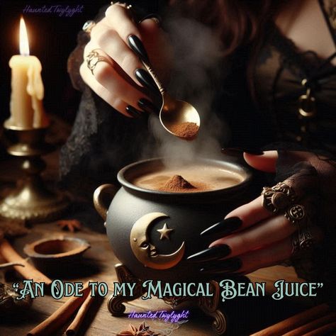 **An Ode to my Magical Bean Juice** At the heart of the ancient forest, where moonlight filters through twisted branches, stands the **Witch's Altar**. A gnarled oak table, adorned with dried herbs, crystals, and flickering candles, cradles a **cauldron-shaped coffee cup**. The cup, its surface etched with mystical symbols, emanates warmth. From the depths of the cup, tendrils of steam rise, carrying the rich aroma of freshly brewed coffee. The air hums with magic as the **witch's hand**—it... Coffee Magic Spell, Witch Coffee Ritual, Coffee Magick, Witch And Coffee Quotes, Witch's Altar, Coffee Witch, Witch Tea, Twisted Branches, Saturday Coffee