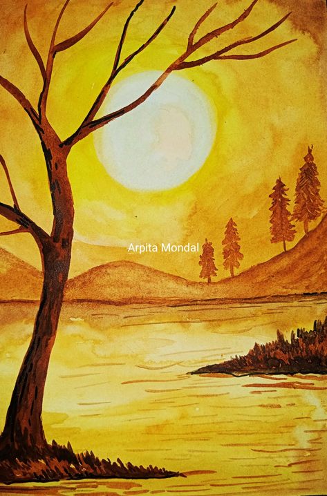 Water Colour Scenery Easy Simple, Simple Colour Pencil Drawings, Marvel Drawings Pencil, Moonlight Scenery, Acrylic Painting For Kids, Watercolor Scenery, Pencil Artwork, Indian God