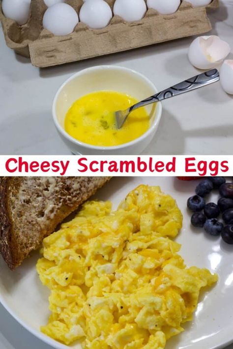 Cheese + Eggs = Perfection! Discover the Best Fluffy Scrambled Eggs with Cheese recipe that’s cooked in just 3 minutes. The perfect combo of eggs, butter, salt and pepper make delicious cheesy scrambled eggs! Cheesy Scrambled Eggs, Best Scrambled Eggs, Scrambled Eggs With Cheese, Fluffy Scrambled Eggs, Favourite Food, Cheese Recipe, Egg Breakfast, Delicious Breakfast, Delicious Dishes