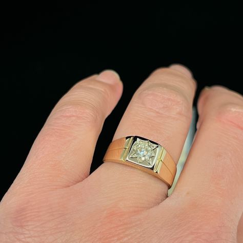 Just in, we have this Champagne Diamond solitaire men’s ring. From circa 1930’s,the 0.37ct Old Cut Diamond is star set on a squared head on the ring, in 18K white gold. The rest of the wide tapered band is in 18K yellow gold. This ring would have been worn by a very dapper gentleman in its time, possibly on the pinky, but it can definitely be worn on the ring finger, and be bought as a wedding ring for something different. DM us for enquiries 💫 ___________________________________________... Blue Mountains Australia, Dapper Gentleman, Emerald Cut Rings, Emerald Engagement Ring Cut, Art Deco Engagement Ring, Champagne Diamond, Something Different, Art Deco Ring, Emerald Cut Diamonds