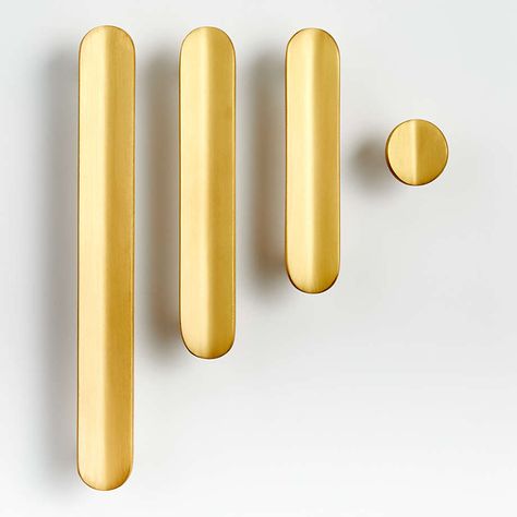 Fold Brass Knob and Bar Pulls | Crate and Barrel Slim Shaker Cabinet, Crate Bar, Modern Drawer Pulls, Light Gray Cabinets, Brass Cabinet Hardware, Bathroom Cabinetry, Brass Cabinet Pulls, Brass Cabinet Knob, Brass Pendant Light