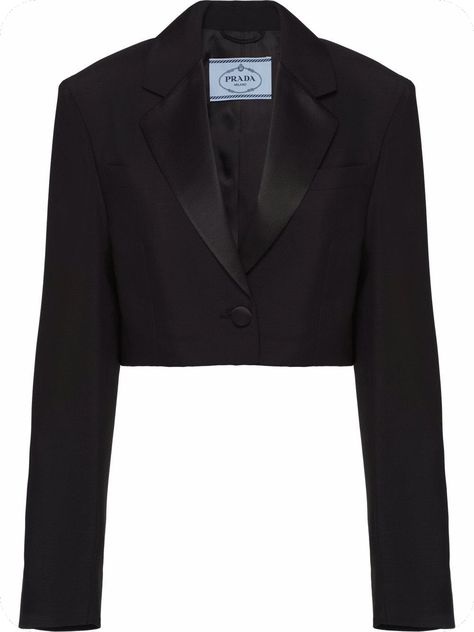 [PaidAd] Black Mohair Satin-Lapel Cropped Blazer Jacket From Prada Featuring Notched Lapels, Front Button Fastening, Two Chest Welt Pockets, Long Sleeves, Buttoned Cuffs, Straight Hem And Cropped. | Prada Satin-Lapel Cropped Blazer Jacket #blackcroppedblazeroutfit Black Cropped Blazer Outfit, Cropped Blazer Outfit, Prada Outfits, Black Cropped Jacket, Black Pantsuit, Prada Jacket, Crop Top Jacket, Elegant Jacket, Black Suit Jacket