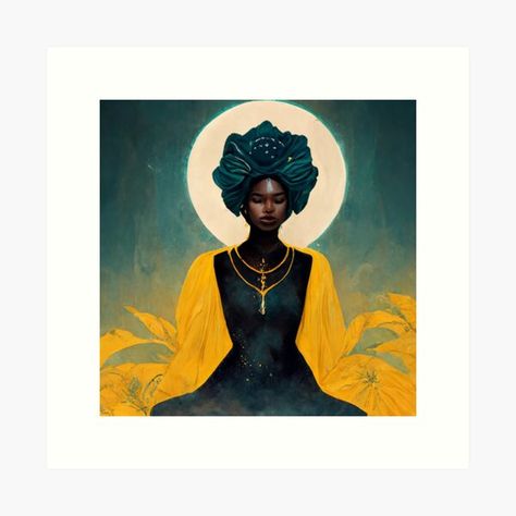 Goddess Oshun, Artist Prints, African Goddess, Meditation Art, Blue Lotus, Yellow Fabric, Black Artists, Black Women Art, Featured Art