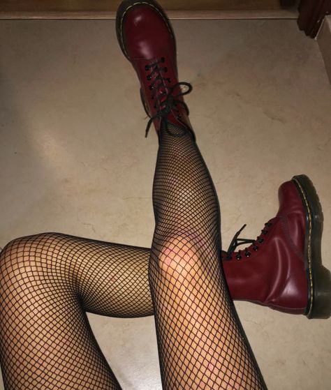 Doc Martens Red Outfit, Fishnets Aesthetic Grunge, Red Docs Aesthetic, Docs And Fishnets, Fishnet Doc Martens Outfit, Fish Nets Aesthetic, Red Doc Martens Aesthetic, Red Martens Outfit, Pale Grunge Aesthetic Outfit