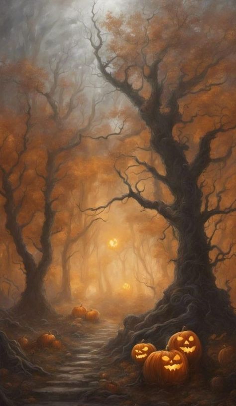 Vintage Halloween Painting Ideas, Spooky Woods Painting, Spooky Woods Art, Spooky Forest Art, Spooky Forest Painting, Halloween Pumpkins Aesthetic, Samhain Wallpaper, Pumpkin Aesthetic Halloween, Vintage Autumn Illustration