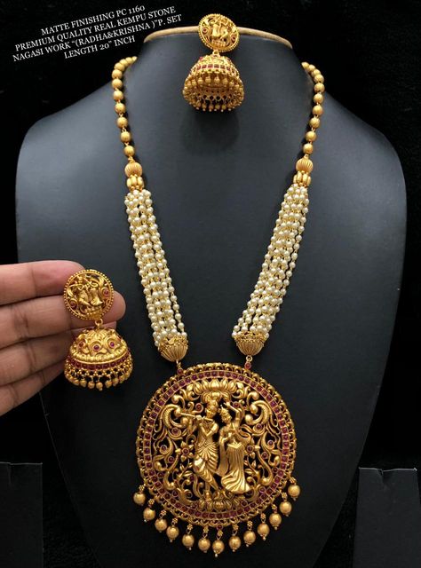 Temple Jewellery Mangalsutra Design, Temple Jewellery Pendants Gold, Long Pearl Chain With Pendant, Temple Jewelry Necklace Jewellery Designs, Temple Jewellery Earrings, Indian Wedding Jewelry Sets, Rani Haar, Gold Temple Jewellery, Neck Pieces Jewelry