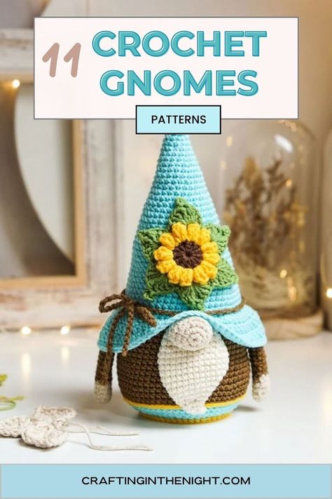 Gnomes are funny, imaginative creatures. We know them for their charm and whimsical air.  You’ll feel great crafting charming, gnome-inspired home decor and gifts for your friends and family. Gnome crochet patterns will inspire your creativity and take you to a place of fantasy. Here are eleven adorable gnome patterns to try for your next crocheting project. #printable #diy #small #crochet #craftinginthenight Crochet Flower Gnomes Free Pattern, Free Crochet Holiday Patterns, Nurse Gnome Crochet Pattern, Small Gnome Crochet Pattern, Small Crochet Gnome Pattern Free, Crochet Summer Gnome, Large Crochet Gnomes Free Pattern, Crochet Fall Gnomes Free Pattern, Free Funny Crochet Patterns