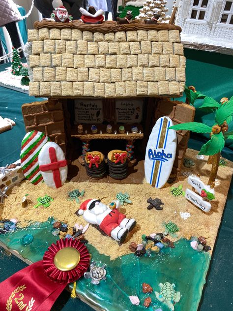 Beach Themed Gingerbread House, Beach Gingerbread House Ideas, Tropical Gingerbread House, Beach House Gingerbread House, Gingerbread House Beach, Beach Gingerbread House, Gingerbread Beach House, Gingerbread Contest, Gingerbread Ideas