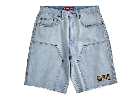 Men's Supreme Cutoff Double Knee Denim Painter Short in Washed Blue Denim Shorts Men, Knee Shorts, Mens Denim Shorts, Denim Inspiration, Boys Shorts, Mens Denim Short, Adidas Yeezy, Mens Denim, Boy Shorts