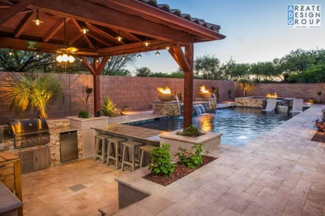 Small Pool And Outdoor Kitchen Ideas, Pool And Grill Outdoor Spaces, Pool Pavilion Ideas Outdoor Living, Swim Up Bar Pool, Swimming Pools Backyard Landscape, Outdoor Kitchen And Pool, Arizona Backyard, Dream Backyard Pool, Pools Backyard Inground