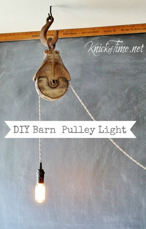 DIY barn pulley light Pulley Light, Diy Luminaire, Farmhouse Style Lighting, Industrial Farmhouse, Diy Farmhouse Decor, Farmhouse Lighting, Industrial House, The Ceiling, Industrial Lighting