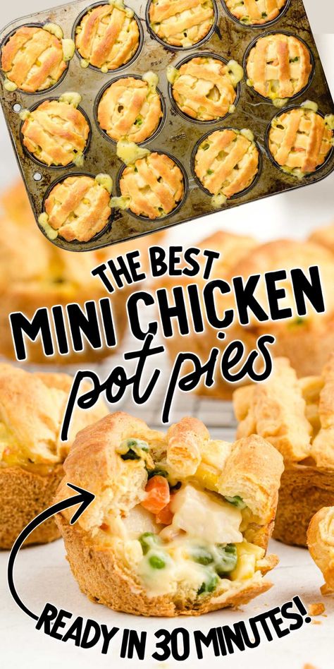 These mini chicken pot pies are filled with delicious creamy chicken and vegetables, then are layered with a soft crust on top! Mini Pot Pies, Easy Chicken Pot Pie Recipe, Biscuits Recipes, Chicken Pot Pies, Mini Chicken Pot Pies, Pot Pie Filling, Easy Chicken Pot Pie, Crescent Roll Recipes, Pot Pies Recipes