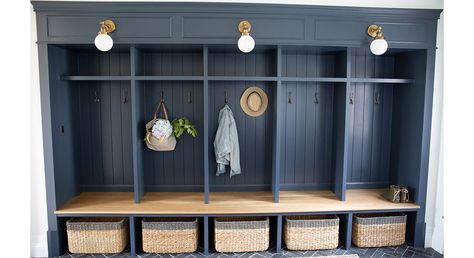 Mudroom - The Arched Manor - Arched Manor Tall Baseboards, Benjamin Moore Advance Paint, Painted Benches, Baseboard Trim, Mudroom Lockers, Choosing Paint Colours, Wood Putty, Picture Frame Molding, Oak Planks