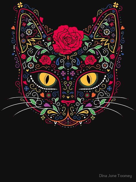 Cat Sugar Skull, Sugar Skull Illustration, Folk Art Animals, Sugar Scull, Punk Posters, Cat Rocks, Sugar Skull Cat, Mexican Art Tattoos, Mexican Furniture