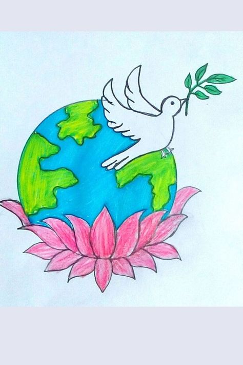 World Peace Day Drawing Easy | Peace On Earth Drawing | International Peace Day Poster Image Drawing Love Earth Art, Poster On Peace Drawing, Peace Poster Ideas Schools, Peisazh Drawing, Peaceful World Drawing, How To Draw The Earth, Peace On Earth Art, Peace Poster Ideas Art, Earth Pictures Drawing