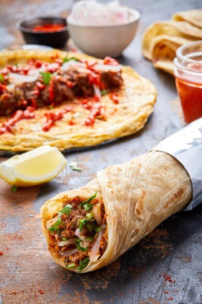 Kathi Rolls Photography, Shawarma Photography, Kebab Photography, Beef Bhuna, Kebab Aesthetic, Food Shawarma, Shawarma Wrap, Paneer Kathi Roll, Kebab Wrap