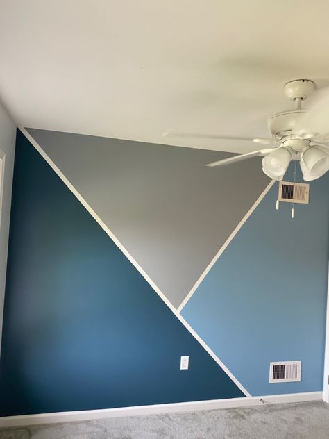 Painted Ceiling Playroom, Geometric Wall Paint 3 Colors, Two Color Accent Wall, Room Wall Ideas Paint, Boys Room Accent Wall Ideas, Accent Wall Paint Designs, Geometric Bedroom Wall, Fun Accent Wall Ideas, Rory Room