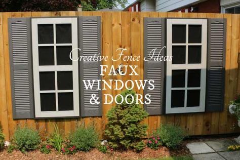 A stylish, modern idea for creating faux windows and doors to add interest to a garden fence or wall. Exterior Of House, Faux Windows, Lime Green Walls, Exterior Windows, Shed Windows, Shed Makeover, Exterior Window, Fake Window, Wood Exterior