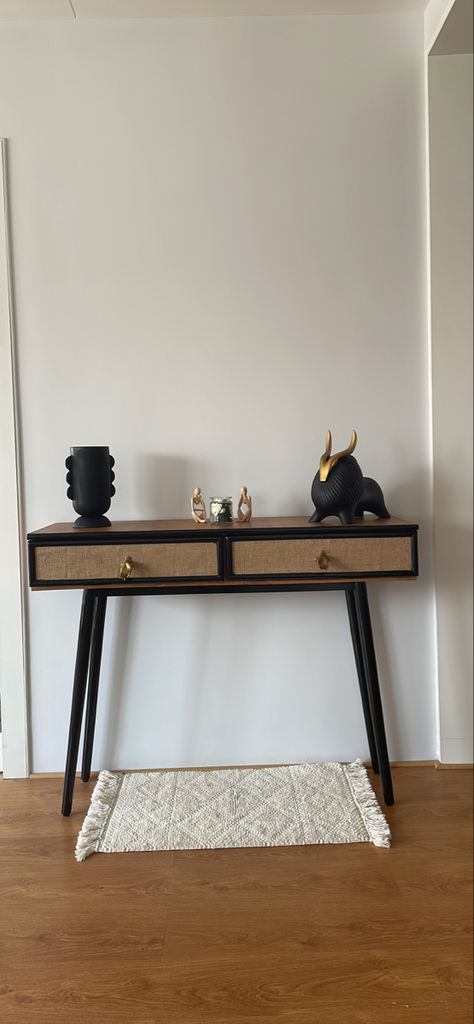 This cansole table based on scandi design.you can also call entryway table . I am using minimal thing to decore like a bull ,a vase and 2 sculpture or a scented candle jar which i diy Scandi Design, A Bull, Candle Jar, Entryway Table, Decoration Idea, Table Base, Table Decoration, Scented Candle, Console Table