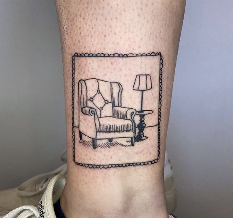 Interior Design Tattoo Ideas, House With Legs Tattoo, Sofa Tattoo, Friends Couch Tattoo, Armchair Tattoo, Vintage Lamp Tattoo, Couch Tattoo, Room Tattoo, Chair Tattoo