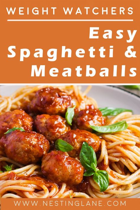 Graphic for Pinterest of Simple Weight Watchers Spaghetti and Meatballs Recipe. Weight Watchers Meatballs, Weight Watchers Meatball Recipe, Easy Ww Recipes, Spaghetti Marinara, Spaghetti And Meatballs Recipe, Ground Beef Meatballs, Spaghetti With Ground Beef, Healthy Spaghetti, Marinara Recipe